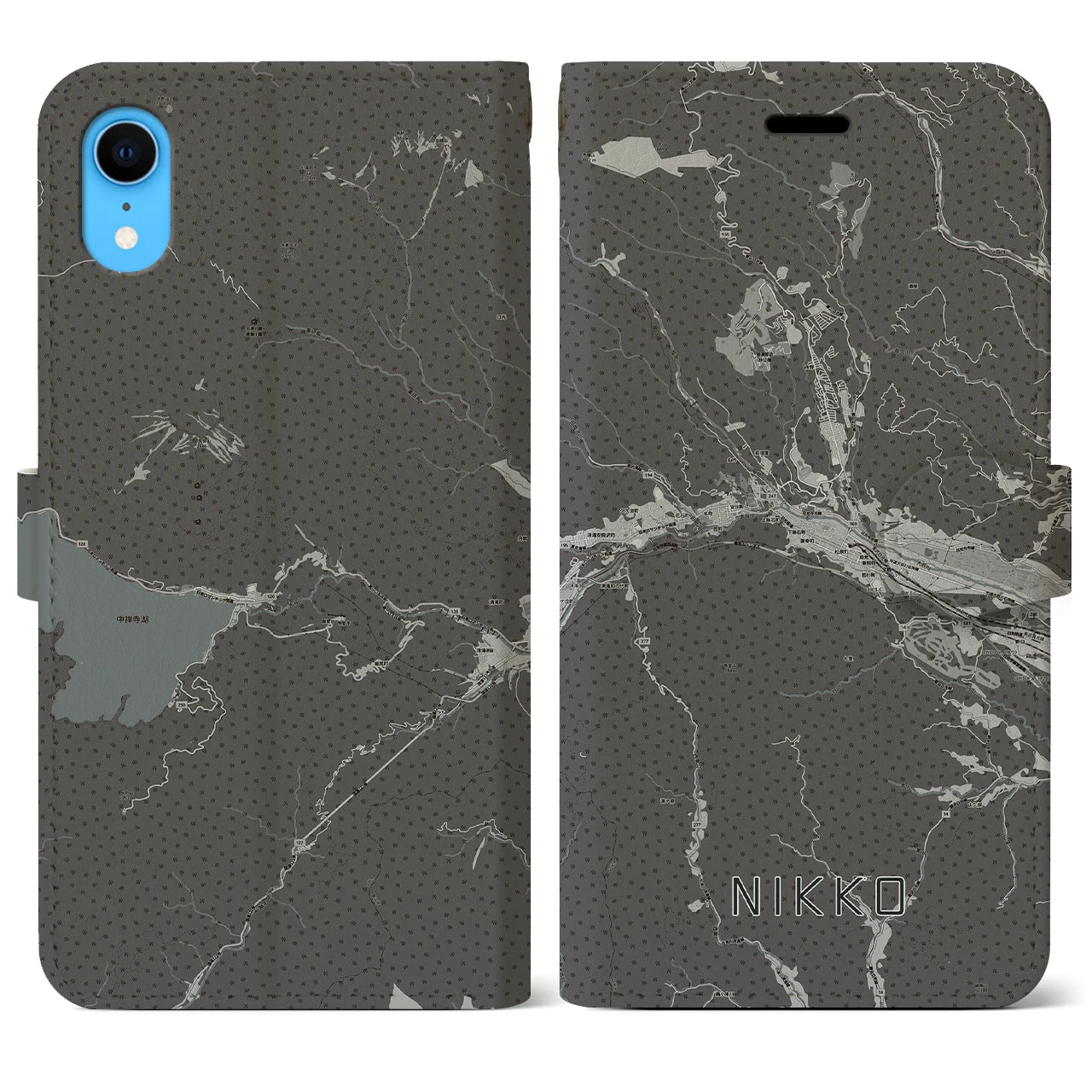 【日光】地図柄iPhoneケース（手帳両面タイプ・モノトーン）iPhone XR 用