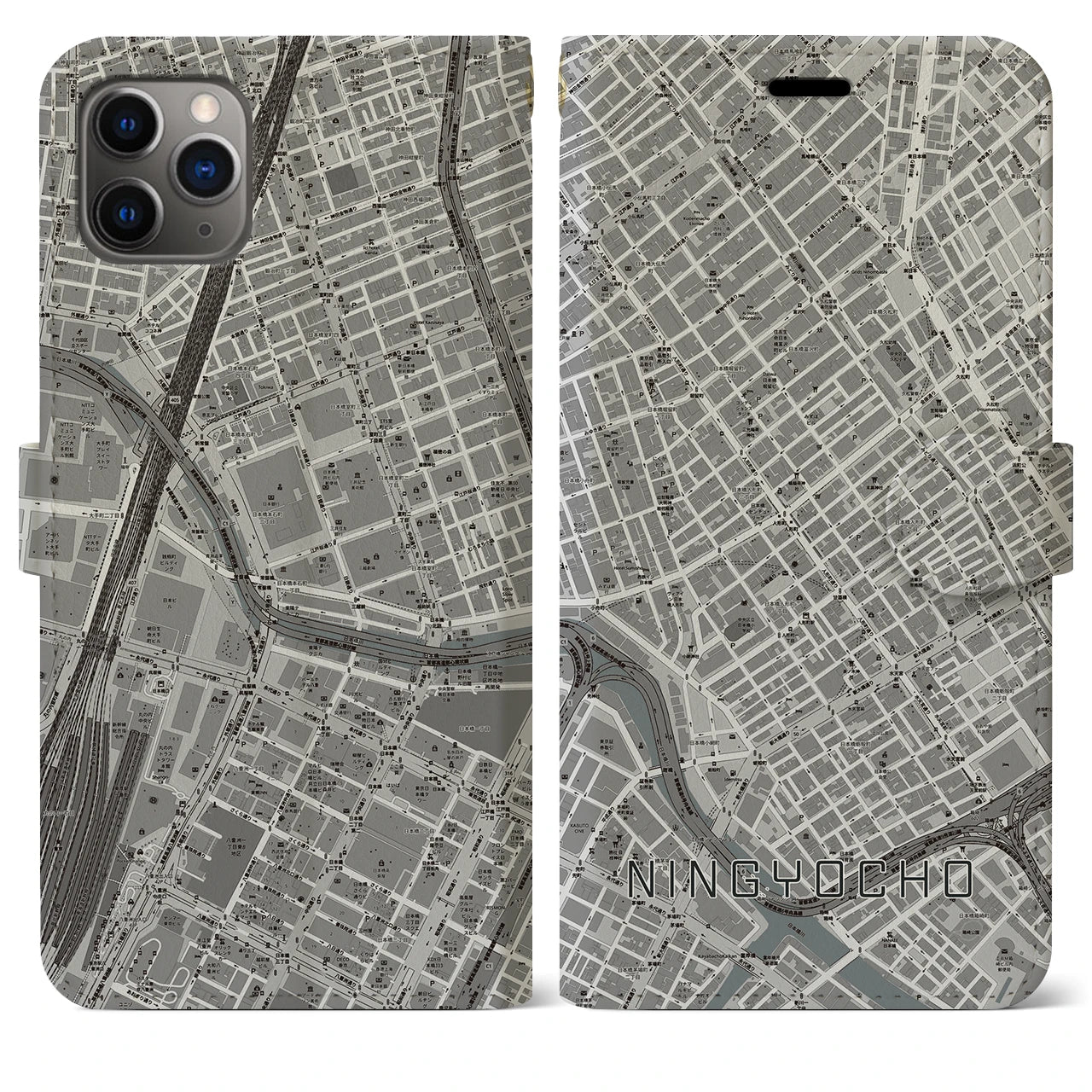 【人形町】地図柄iPhoneケース（手帳両面タイプ・モノトーン）iPhone 11 Pro Max 用