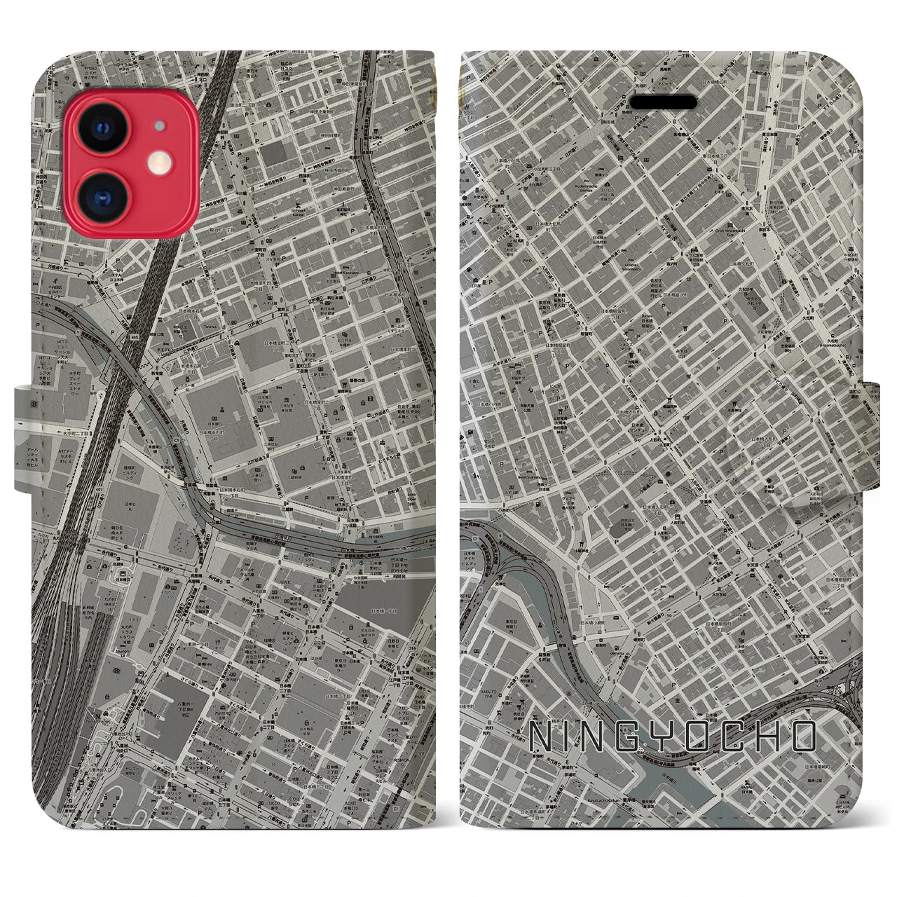 【人形町】地図柄iPhoneケース（手帳両面タイプ・モノトーン）iPhone 11 用