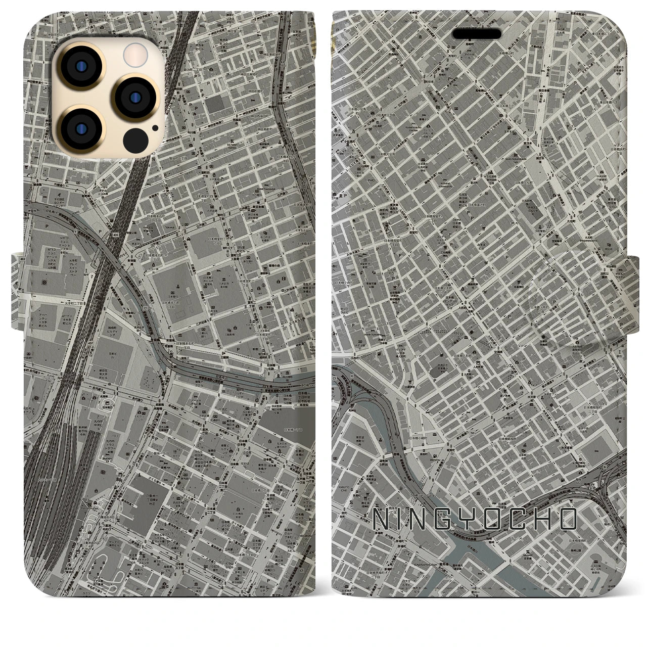【人形町】地図柄iPhoneケース（手帳両面タイプ・モノトーン）iPhone 12 Pro Max 用