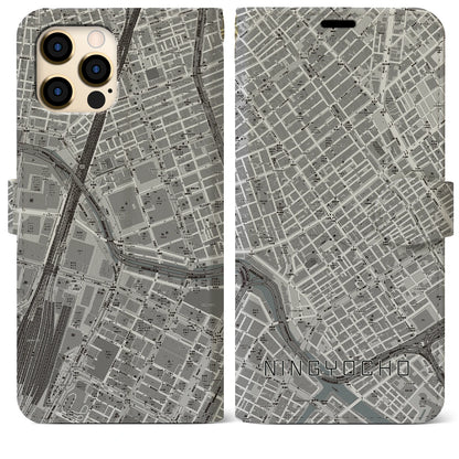 【人形町（東京都）】地図柄iPhoneケース（手帳タイプ）モノトーン・iPhone 12 Pro Max 用