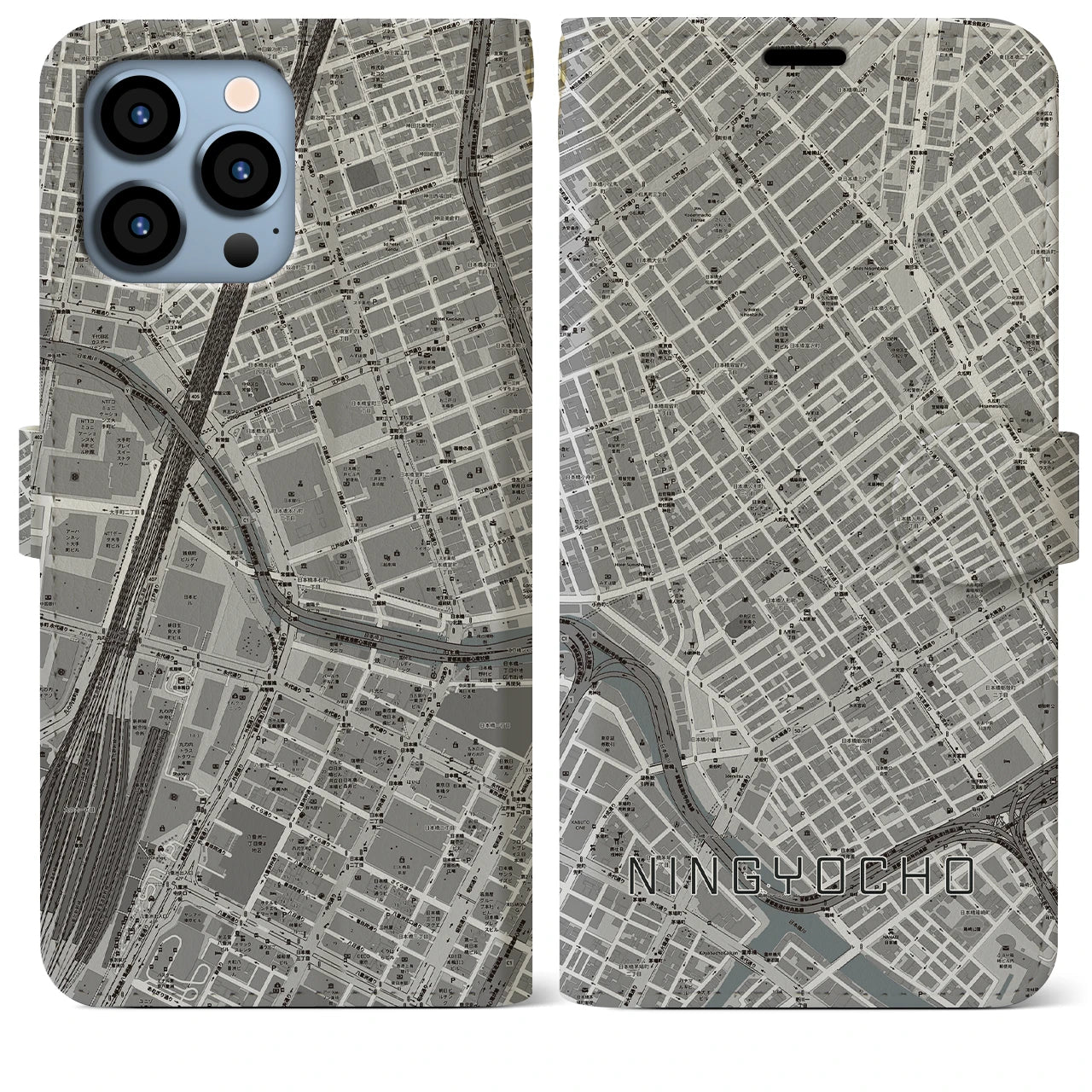 【人形町】地図柄iPhoneケース（手帳両面タイプ・モノトーン）iPhone 13 Pro Max 用