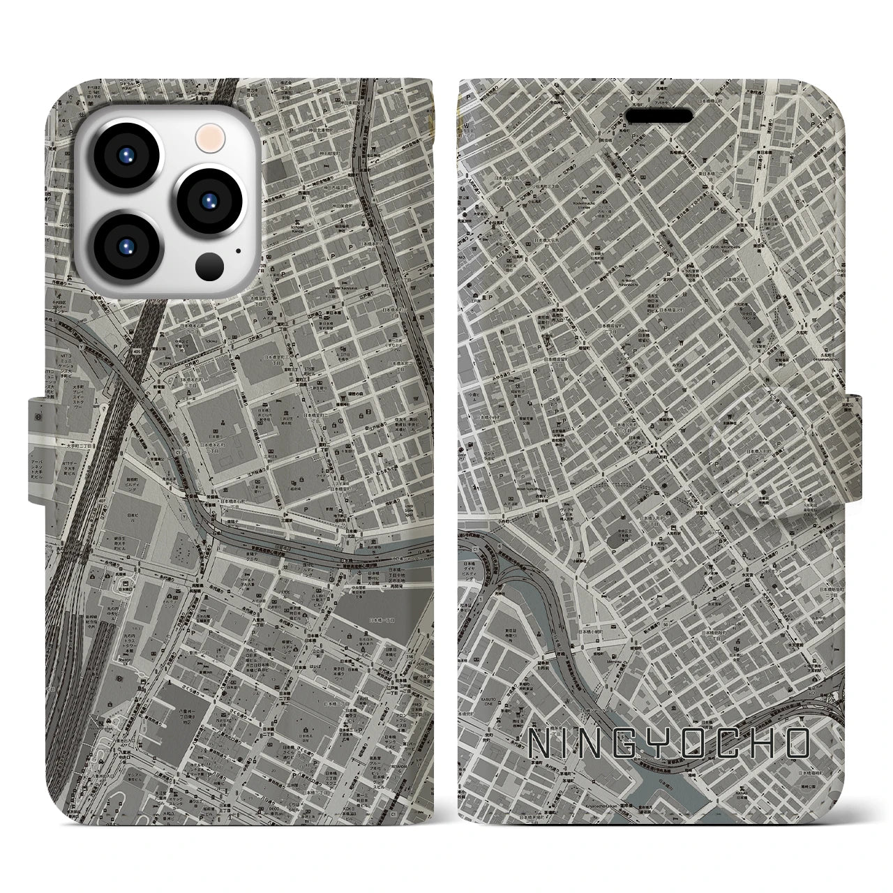 【人形町】地図柄iPhoneケース（手帳両面タイプ・モノトーン）iPhone 13 Pro 用