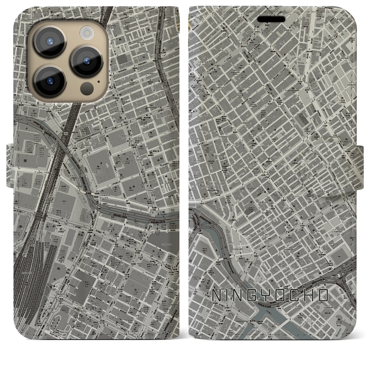 【人形町】地図柄iPhoneケース（手帳両面タイプ・モノトーン）iPhone 14 Pro Max 用