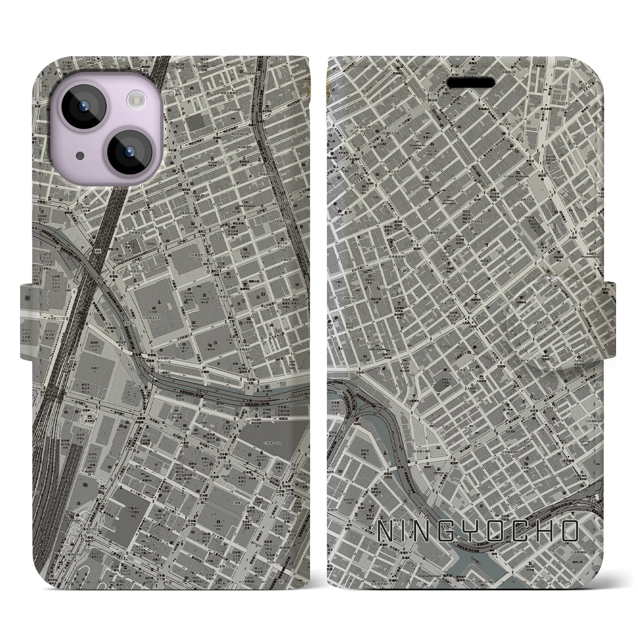 【人形町】地図柄iPhoneケース（手帳両面タイプ・モノトーン）iPhone 14 用