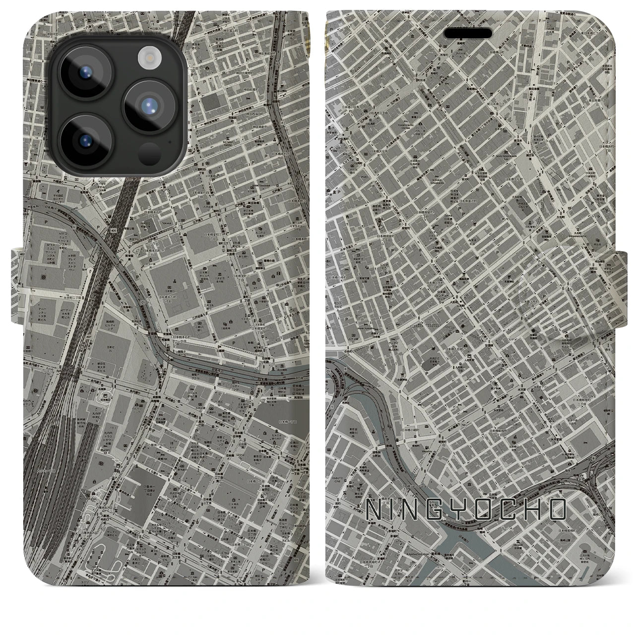 【人形町】地図柄iPhoneケース（手帳両面タイプ・モノトーン）iPhone 15 Pro Max 用