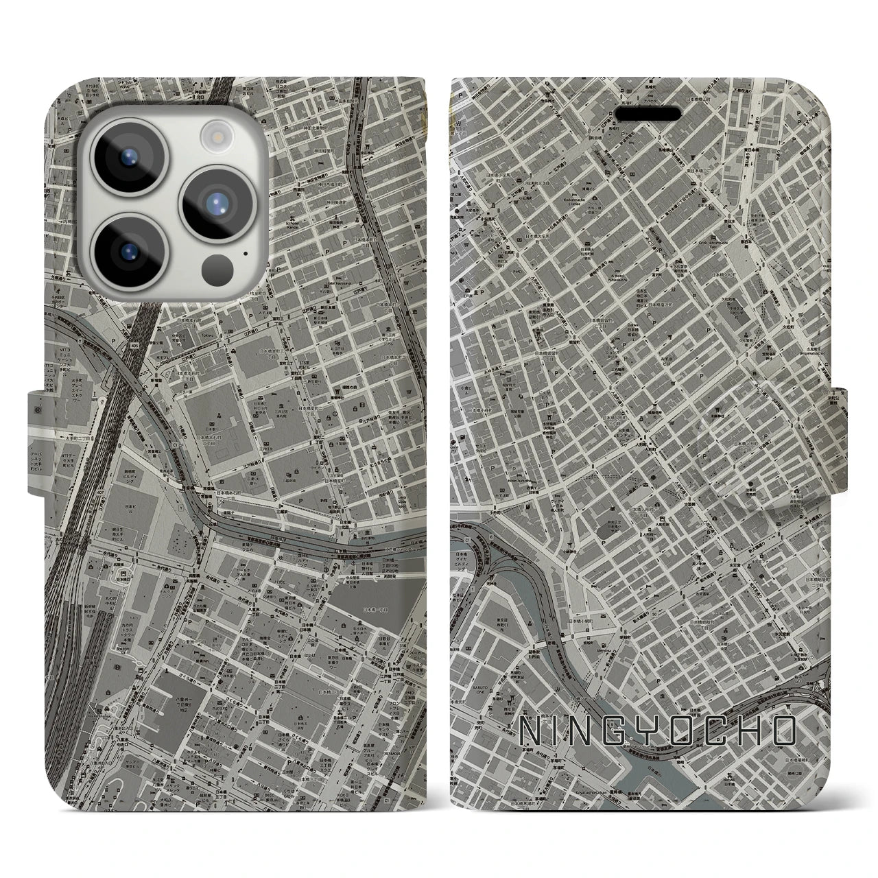 【人形町】地図柄iPhoneケース（手帳両面タイプ・モノトーン）iPhone 15 Pro 用