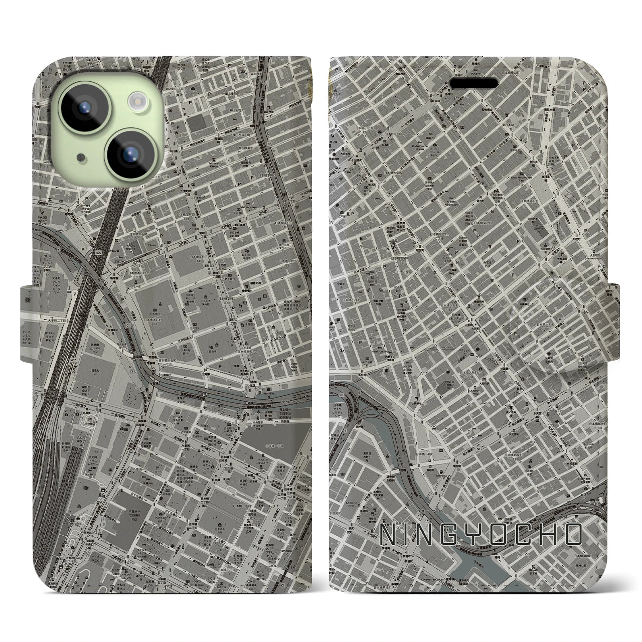 【人形町】地図柄iPhoneケース（手帳両面タイプ・モノトーン）iPhone 15 用