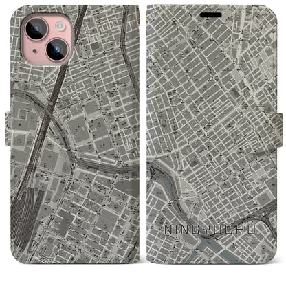 【人形町（東京都）】地図柄iPhoneケース（手帳タイプ）モノトーン・iPhone 15 Plus 用