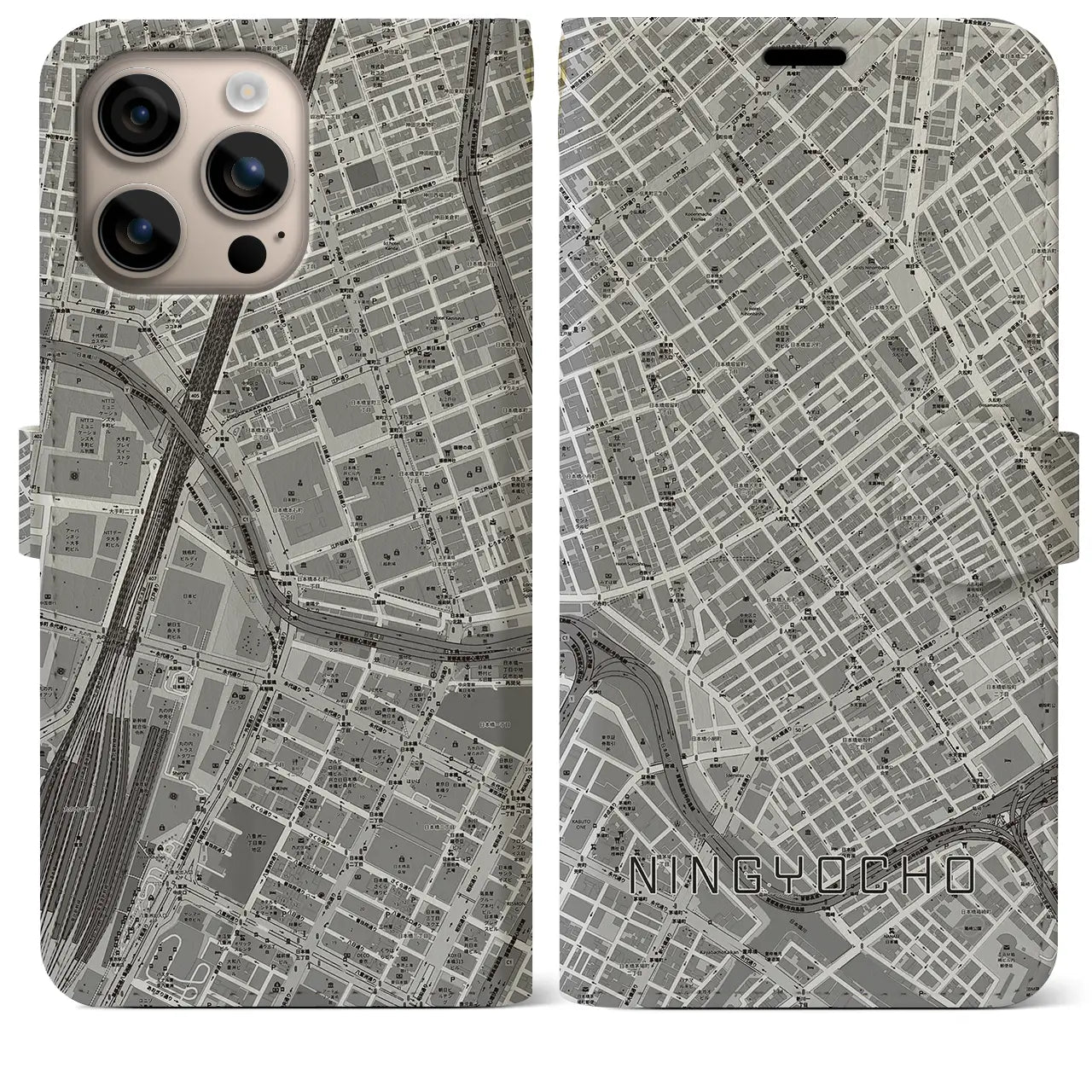 【人形町（東京都）】地図柄iPhoneケース（手帳タイプ）モノトーン・iPhone 16 Plus 用