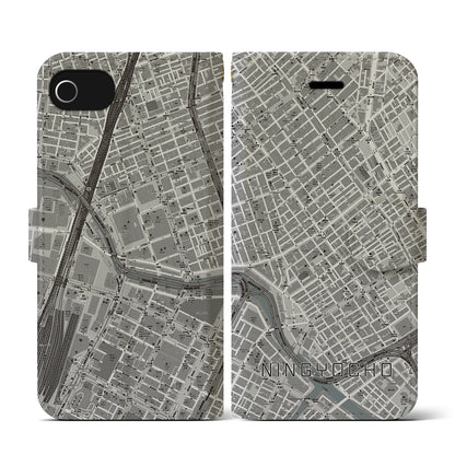 【人形町（東京都）】地図柄iPhoneケース（手帳タイプ）モノトーン・iPhone SE（第3 / 第2世代） / 8 / 7 / 6s / 6 用