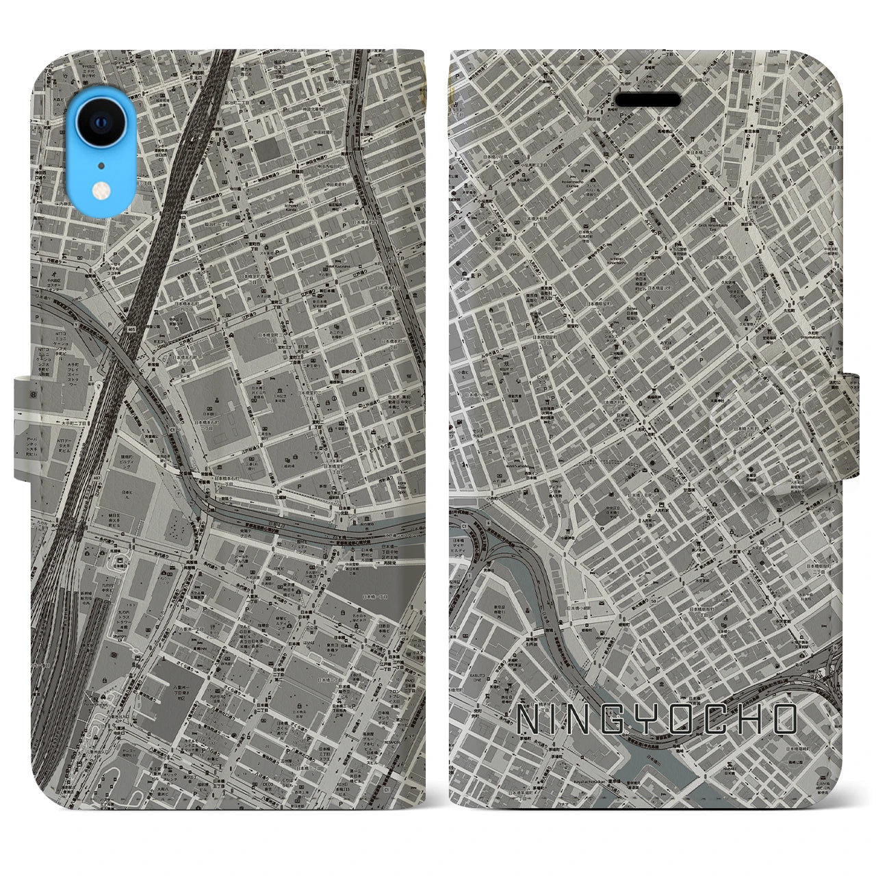 【人形町】地図柄iPhoneケース（手帳両面タイプ・モノトーン）iPhone XR 用