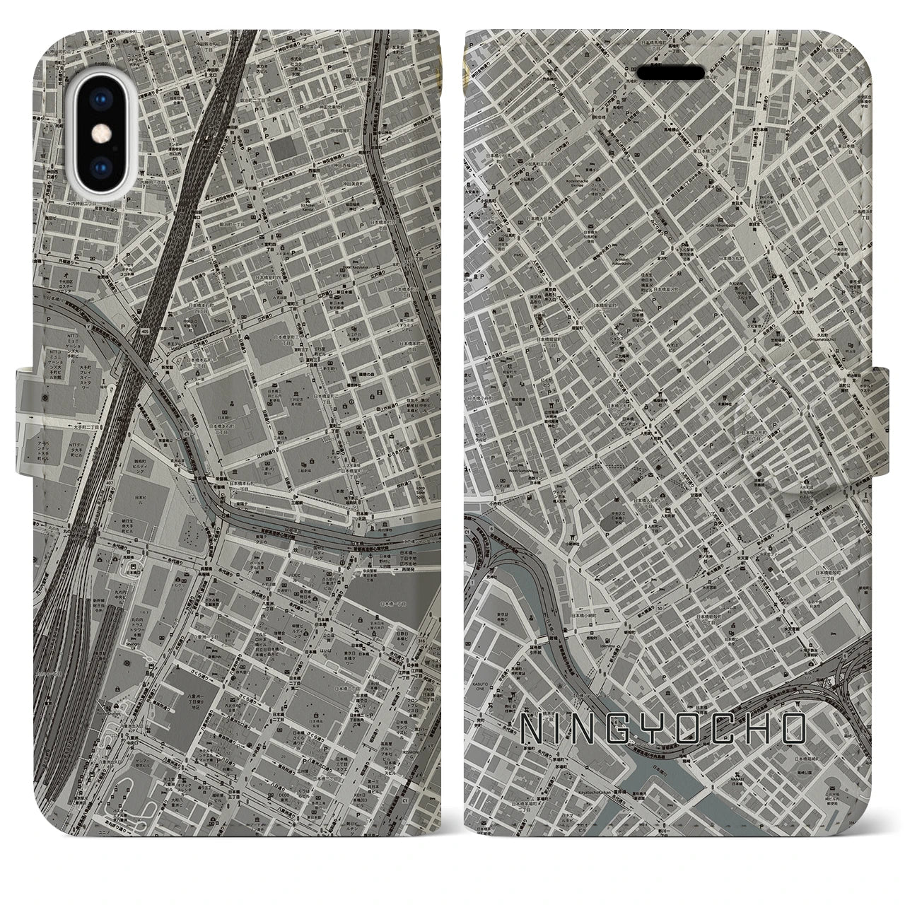 【人形町】地図柄iPhoneケース（手帳両面タイプ・モノトーン）iPhone XS Max 用