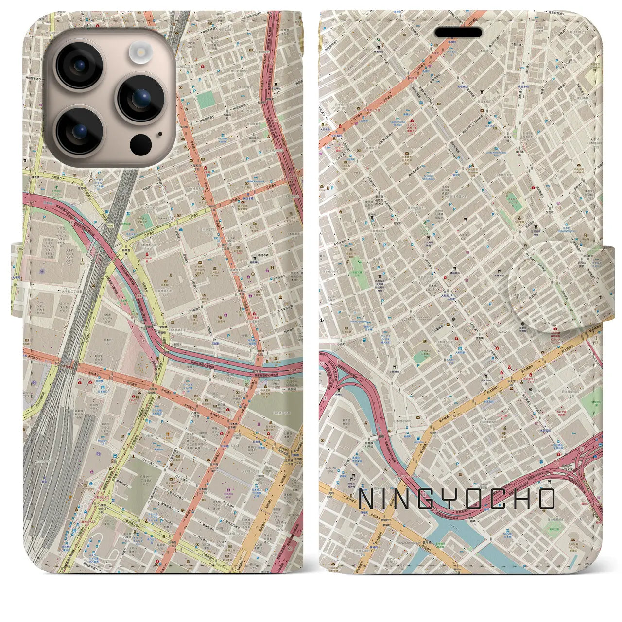 【人形町（東京都）】地図柄iPhoneケース（手帳タイプ）ナチュラル・iPhone 16 Plus 用