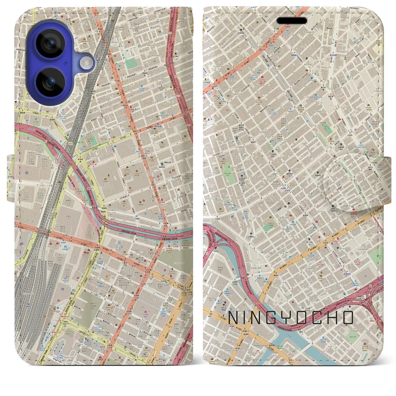 【人形町（東京都）】地図柄iPhoneケース（手帳タイプ）ナチュラル・iPhone 16 Pro Max 用