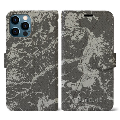 【二戸（岩手県）】地図柄iPhoneケース（手帳タイプ）モノトーン・iPhone 12 / 12 Pro 用