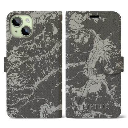 【二戸（岩手県）】地図柄iPhoneケース（手帳タイプ）モノトーン・iPhone 15 用