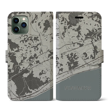 【二宮（神奈川県）】地図柄iPhoneケース（手帳タイプ）モノトーン・iPhone 11 Pro 用