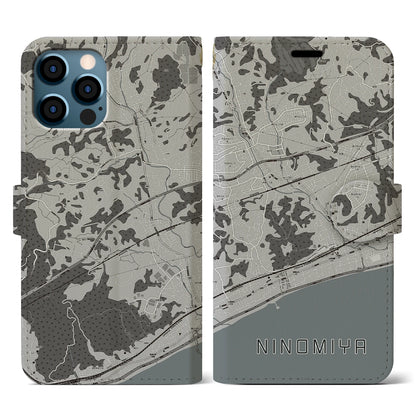 【二宮（神奈川県）】地図柄iPhoneケース（手帳タイプ）モノトーン・iPhone 12 / 12 Pro 用