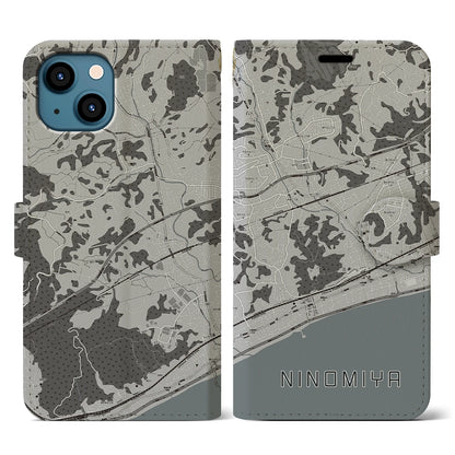 【二宮（神奈川県）】地図柄iPhoneケース（手帳タイプ）モノトーン・iPhone 13 用