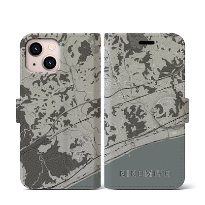 【二宮（神奈川県）】地図柄iPhoneケース（手帳タイプ）モノトーン・iPhone 13 mini 用