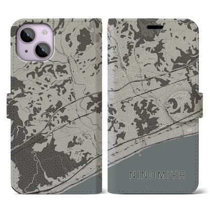 【二宮（神奈川県）】地図柄iPhoneケース（手帳タイプ）モノトーン・iPhone 14 用