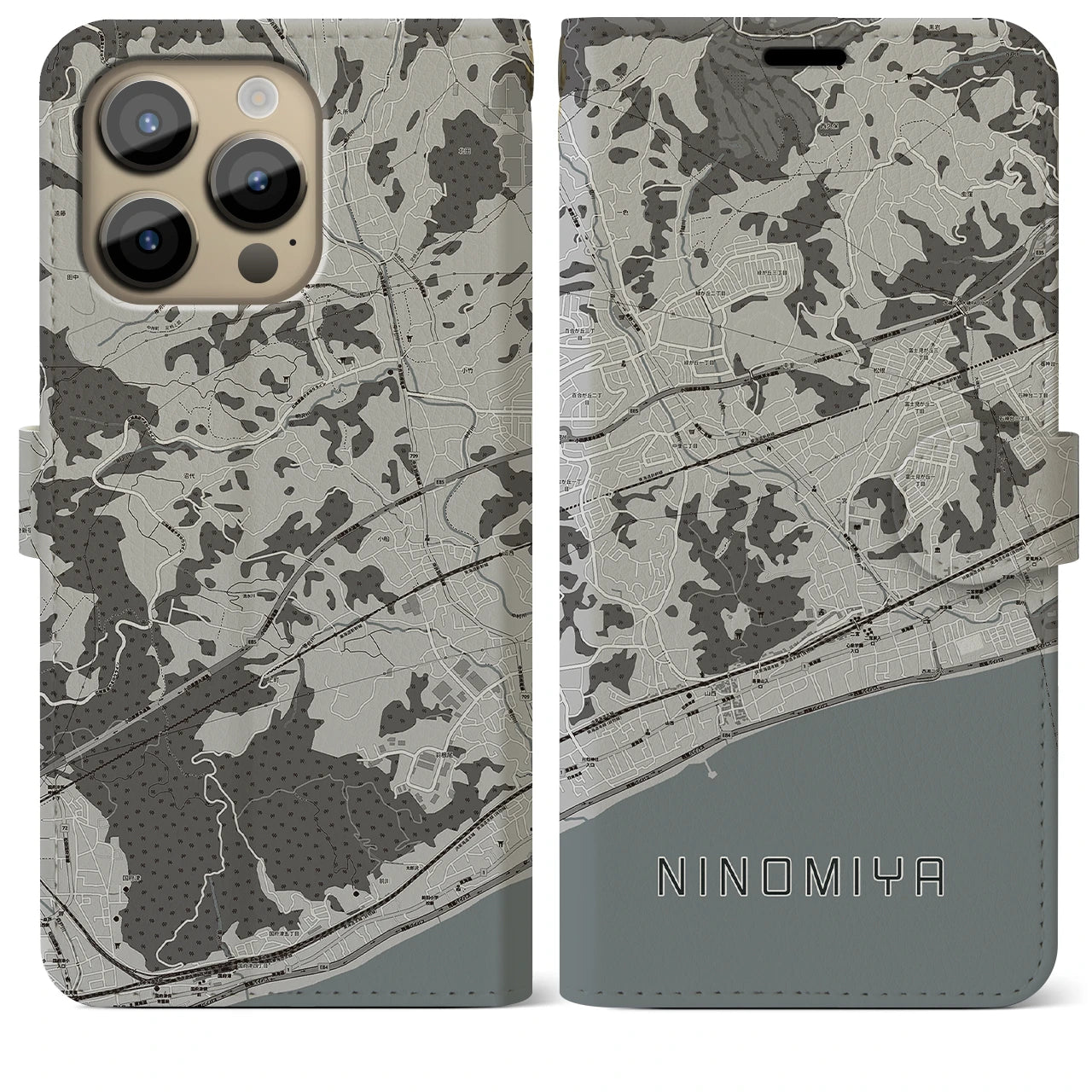 【二宮】地図柄iPhoneケース（手帳両面タイプ・モノトーン）iPhone 14 Pro Max 用