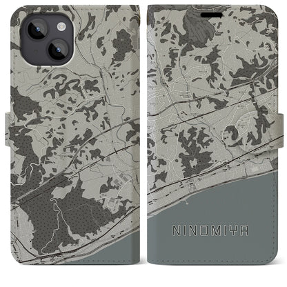 【二宮（神奈川県）】地図柄iPhoneケース（手帳タイプ）モノトーン・iPhone 14 Plus 用