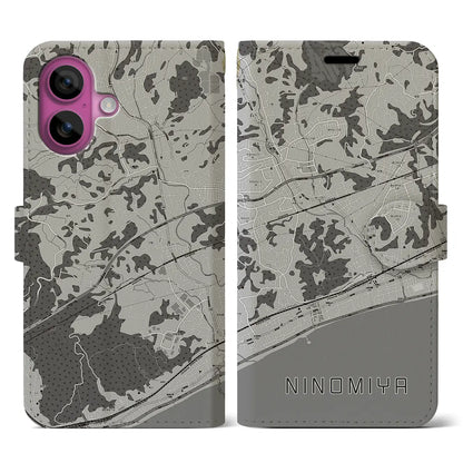 【二宮（神奈川県）】地図柄iPhoneケース（手帳タイプ）モノトーン・iPhone 16 Pro 用