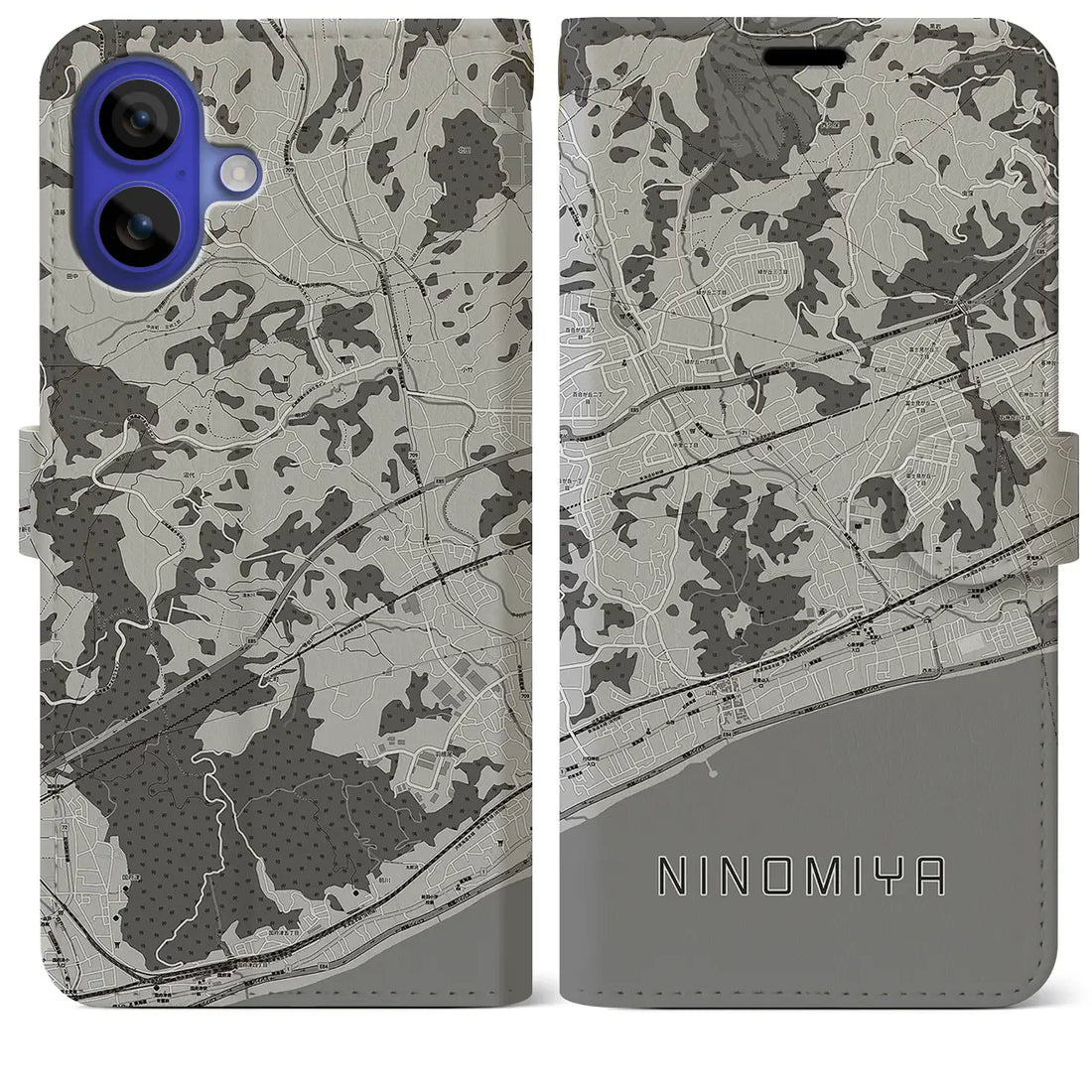 【二宮(神奈川県)】地図柄iPhoneケース(手帳タイプ)モノトーン・iPhone 16 Pro Max 用