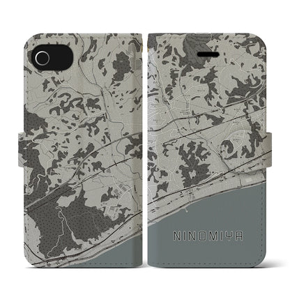 【二宮（神奈川県）】地図柄iPhoneケース（手帳タイプ）モノトーン・iPhone SE（第3 / 第2世代） / 8 / 7 / 6s / 6 用