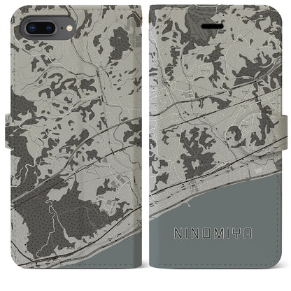 【二宮（神奈川県）】地図柄iPhoneケース（手帳タイプ）モノトーン・iPhone 8Plus /7Plus / 6sPlus / 6Plus 用