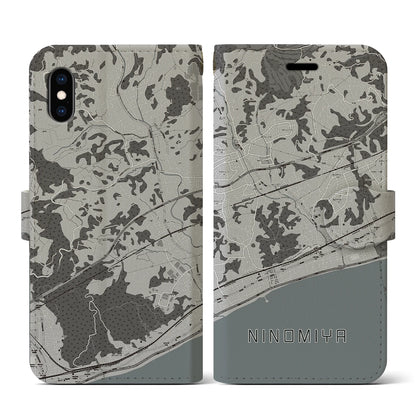 【二宮（神奈川県）】地図柄iPhoneケース（手帳タイプ）モノトーン・iPhone XS / X 用