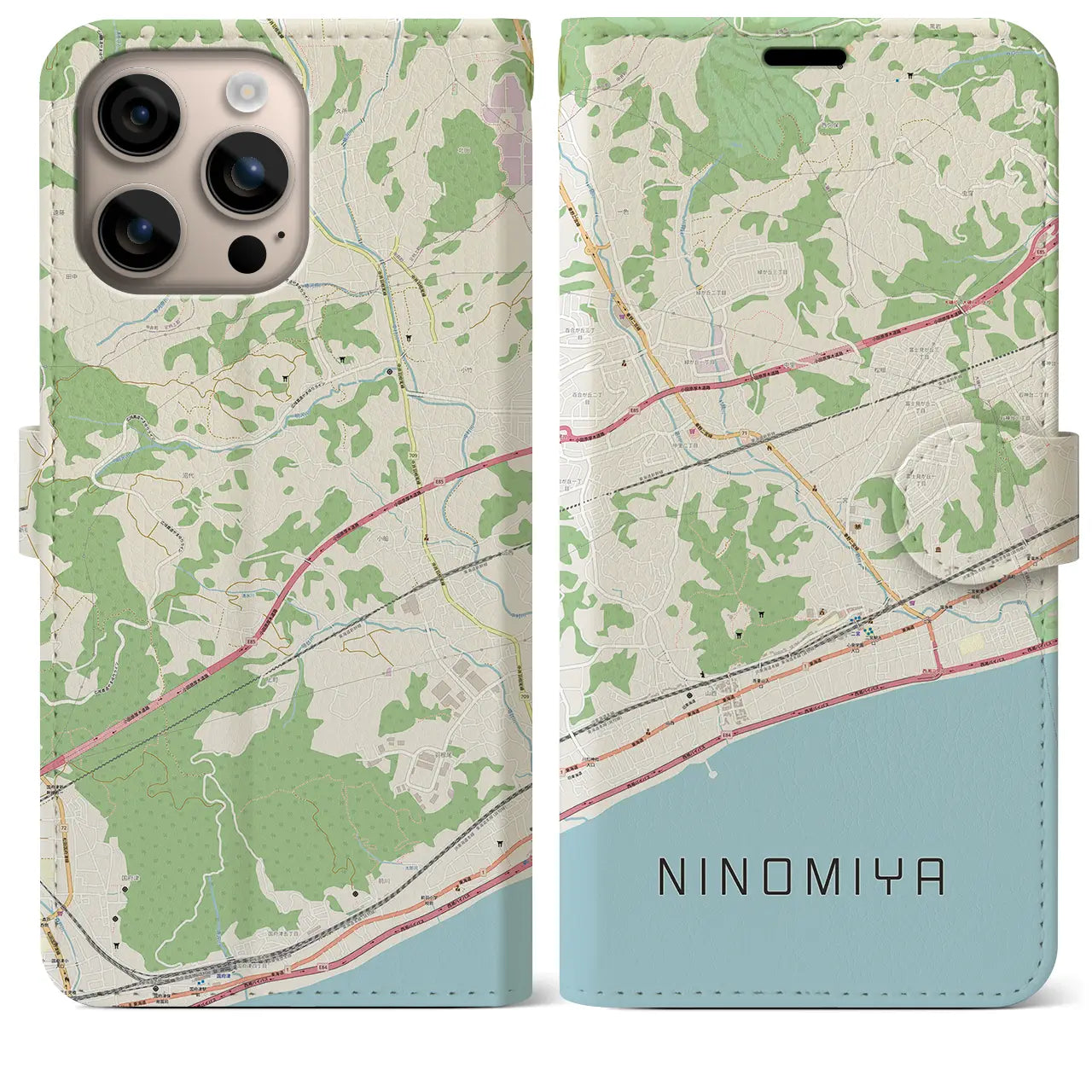 【二宮（神奈川県）】地図柄iPhoneケース（手帳タイプ）ナチュラル・iPhone 16 Plus 用