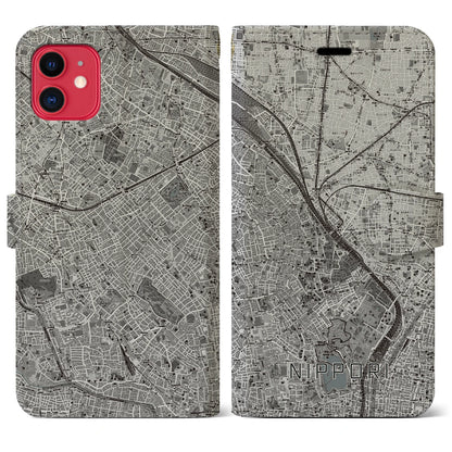 【日暮里（東京都）】地図柄iPhoneケース（手帳タイプ）モノトーン・iPhone 11 用