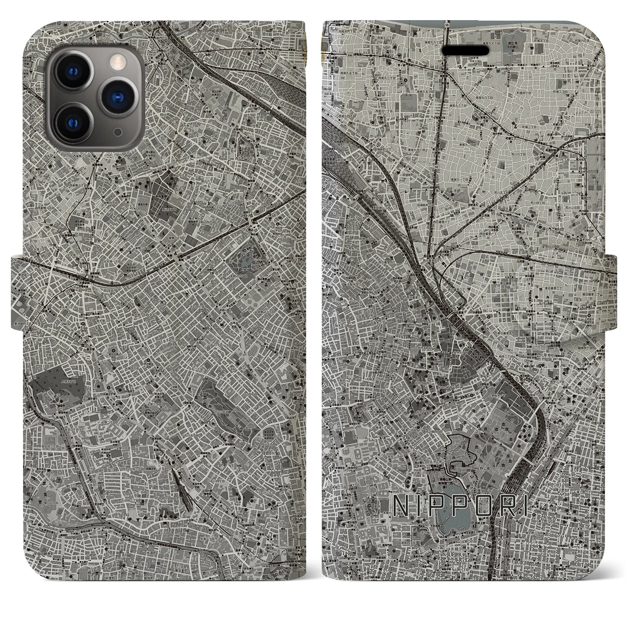 【日暮里】地図柄iPhoneケース（手帳両面タイプ・モノトーン）iPhone 11 Pro Max 用