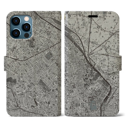 【日暮里（東京都）】地図柄iPhoneケース（手帳タイプ）モノトーン・iPhone 12 / 12 Pro 用