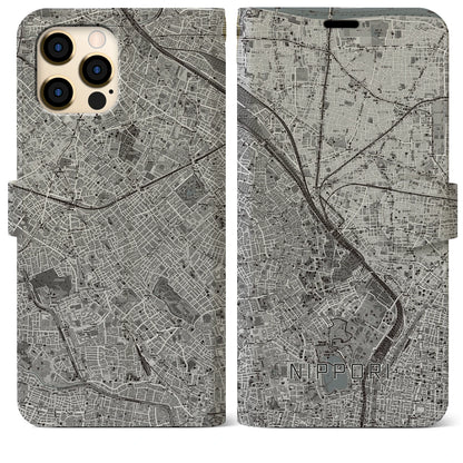 【日暮里（東京都）】地図柄iPhoneケース（手帳タイプ）モノトーン・iPhone 12 Pro Max 用