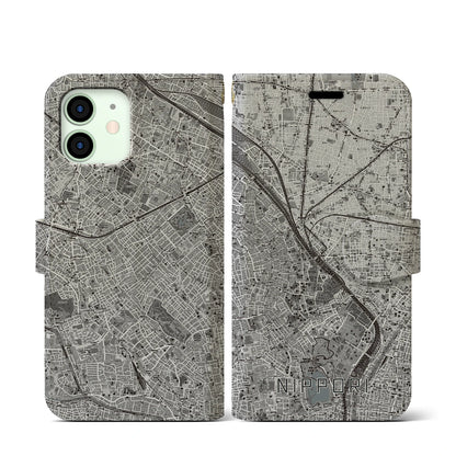 【日暮里（東京都）】地図柄iPhoneケース（手帳タイプ）モノトーン・iPhone 12 mini 用