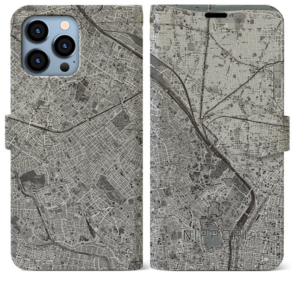 【日暮里（東京都）】地図柄iPhoneケース（手帳タイプ）モノトーン・iPhone 13 Pro Max 用