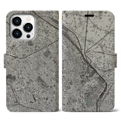 【日暮里（東京都）】地図柄iPhoneケース（手帳タイプ）モノトーン・iPhone 13 Pro 用