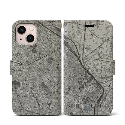 【日暮里（東京都）】地図柄iPhoneケース（手帳タイプ）モノトーン・iPhone 13 mini 用