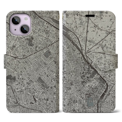 【日暮里（東京都）】地図柄iPhoneケース（手帳タイプ）モノトーン・iPhone 14 用