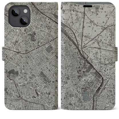 【日暮里（東京都）】地図柄iPhoneケース（手帳タイプ）モノトーン・iPhone 14 Plus 用