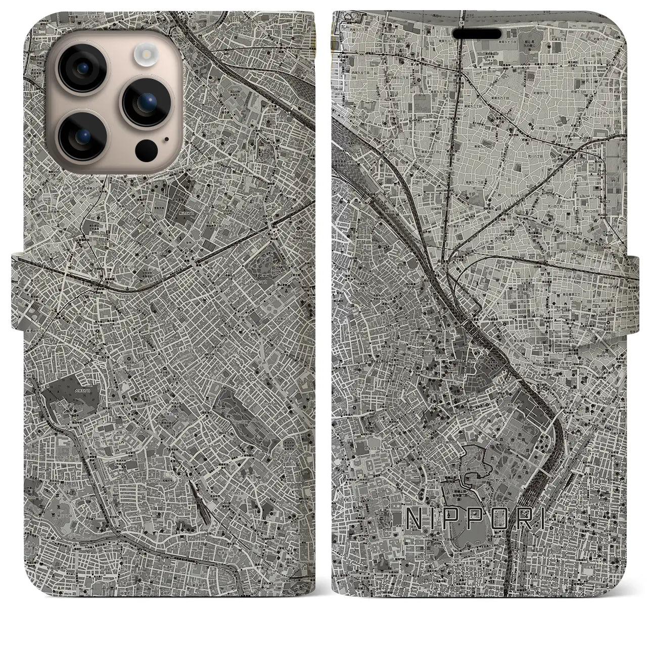 【日暮里（東京都）】地図柄iPhoneケース（手帳タイプ）モノトーン・iPhone 16 Plus 用