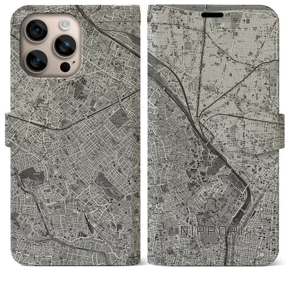 【日暮里（東京都）】地図柄iPhoneケース（手帳タイプ）モノトーン・iPhone 16 Plus 用