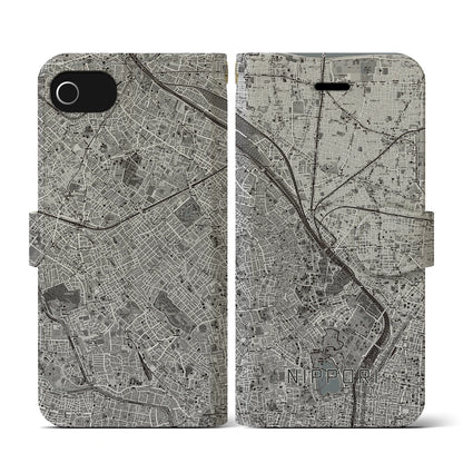 【日暮里（東京都）】地図柄iPhoneケース（手帳タイプ）モノトーン・iPhone SE（第3 / 第2世代） / 8 / 7 / 6s / 6 用