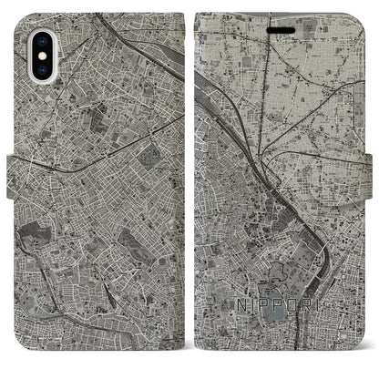 【日暮里（東京都）】地図柄iPhoneケース（手帳タイプ）モノトーン・iPhone XS Max 用