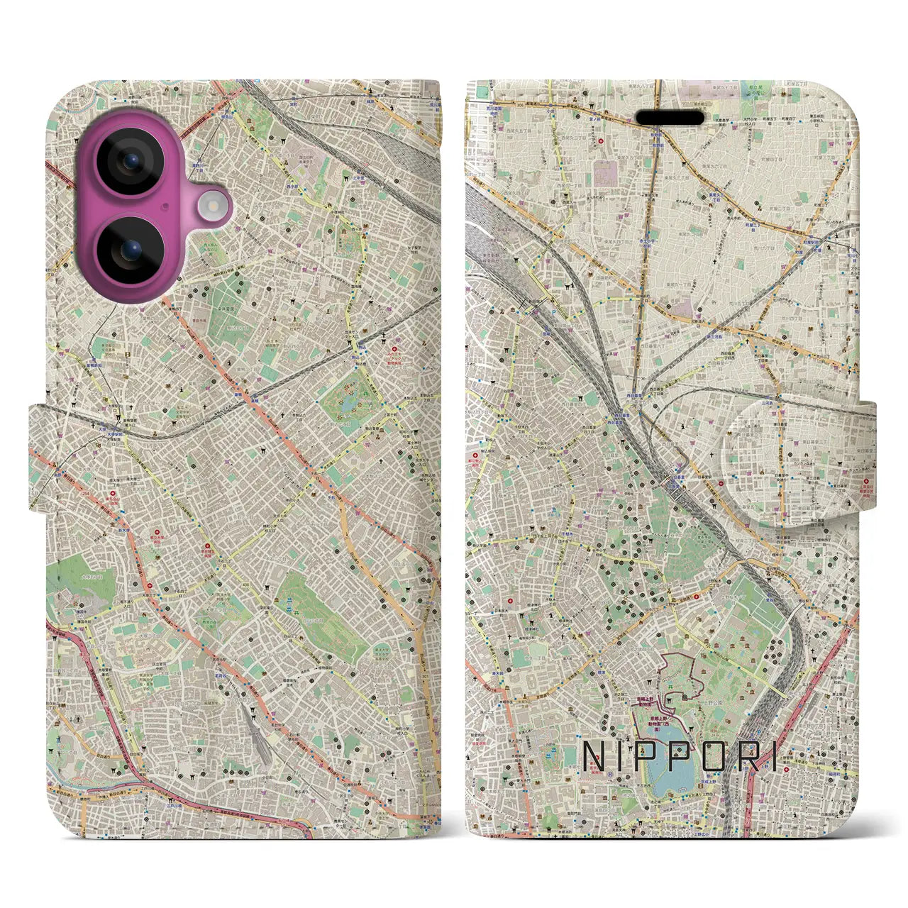 【日暮里（東京都）】地図柄iPhoneケース（手帳タイプ）ナチュラル・iPhone 16 Pro 用