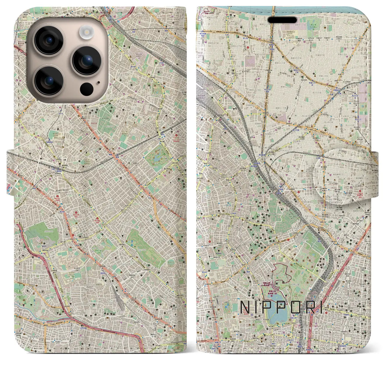 【日暮里（東京都）】地図柄iPhoneケース（手帳タイプ）ナチュラル・iPhone 16 Plus 用